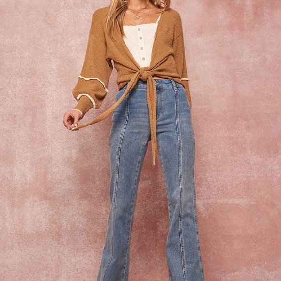 Women's Camel Textured Self-tie Closure Long Sleeves Knit Cardigan Sweater NWT - Picture 2 of 3